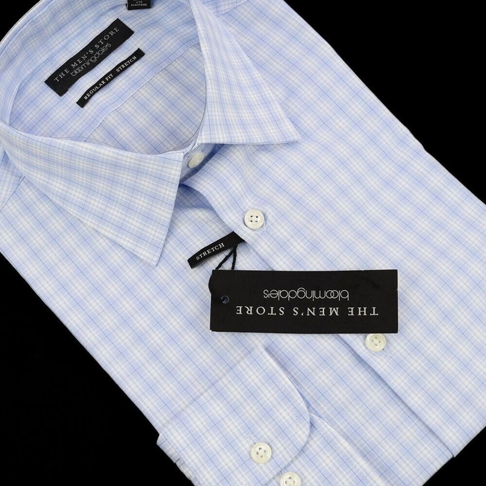 THE MENS STORE Light Blue Check Regular Fit Cotton Stretch Dress Shirt 15.5 NWT